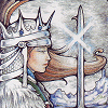 elliemurasaki: tarot Queen of Swords (a white woman wearing a silver helmet and crown, brown hair blowing, holding a shiny sword) elliemurasaki: a white woman wearing a silver helmet and crown, brown hair blowing, holding a shiny sword (tarot Queen of Swords)